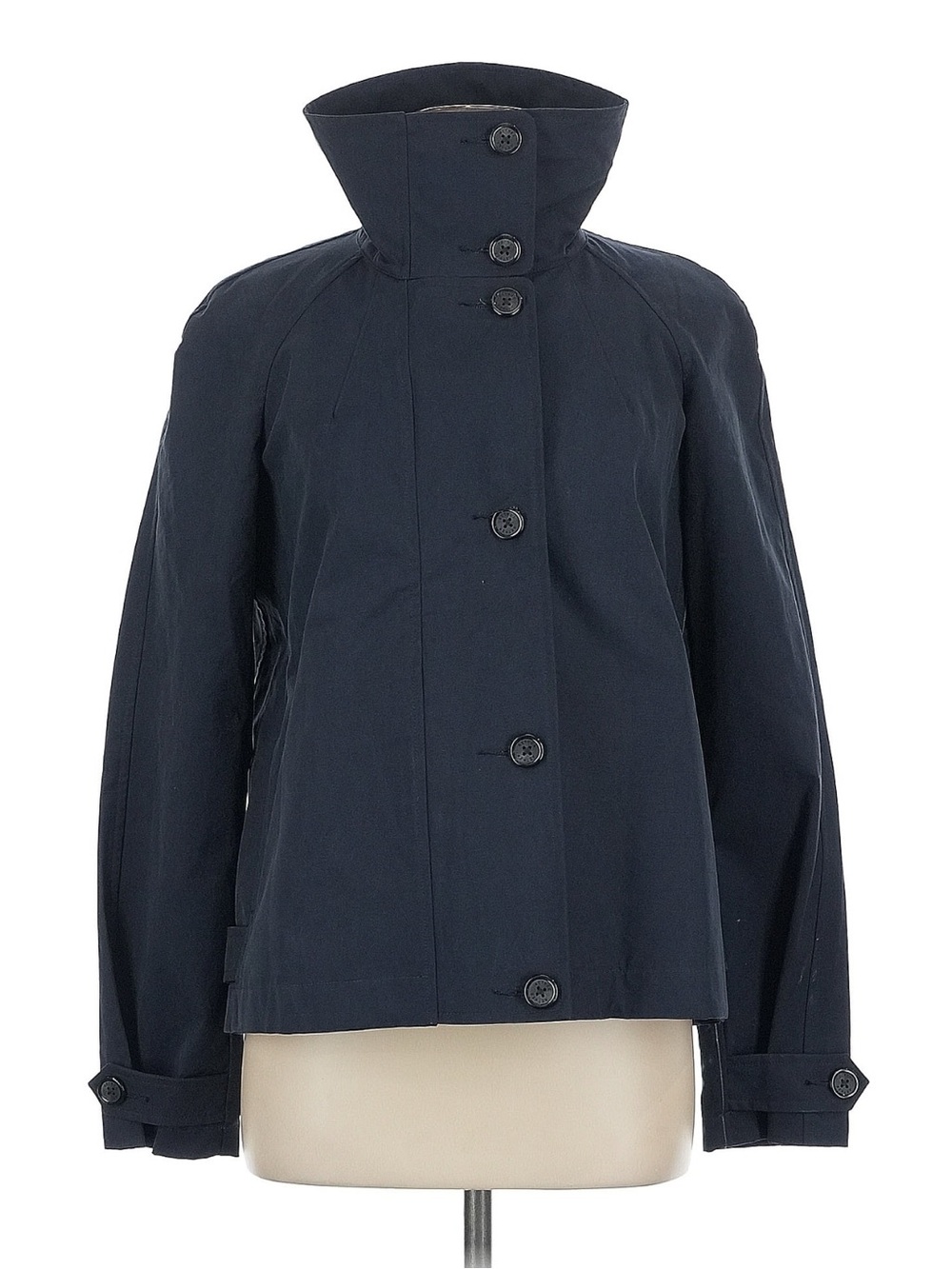 Women's Navy High-Neck Button Front Rain Jacket